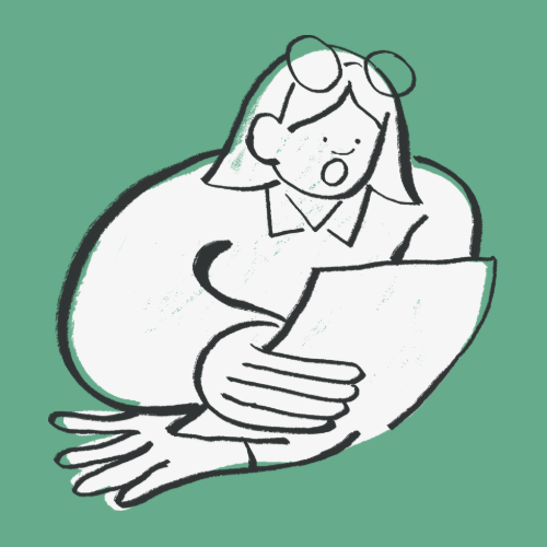 Grafik einer Frau mit Lesebrille und Zettel in der Hand vor grünem Hintergrund.