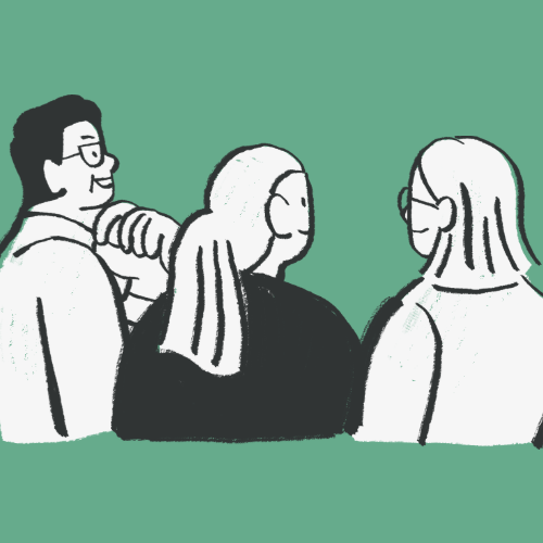 Grafik aus drei Menschen, die sich unterhalten vor grünem Hintergrund.