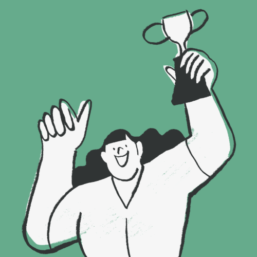 Grafik einer Frau mit Pokal und Daumen nach oben vor grünem Hintergrund.