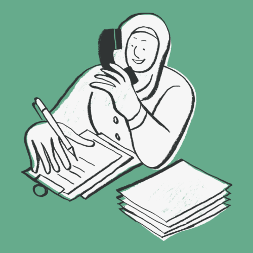 Grafik einer Frau mit  Kopftuch, die telefoniert und sich dabei Notizen macht.